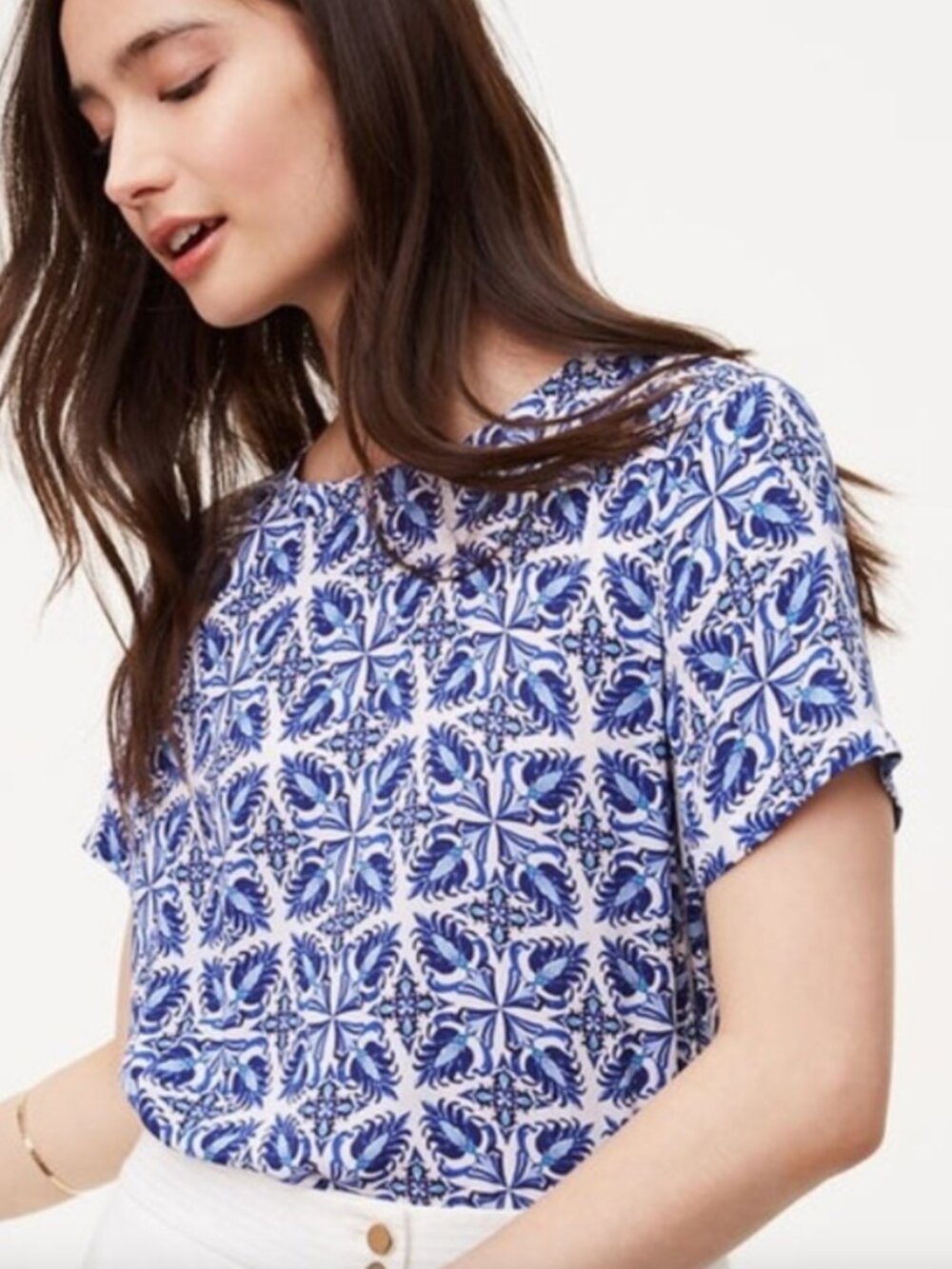LOFT White Blouse with Blue Floral Print Henley